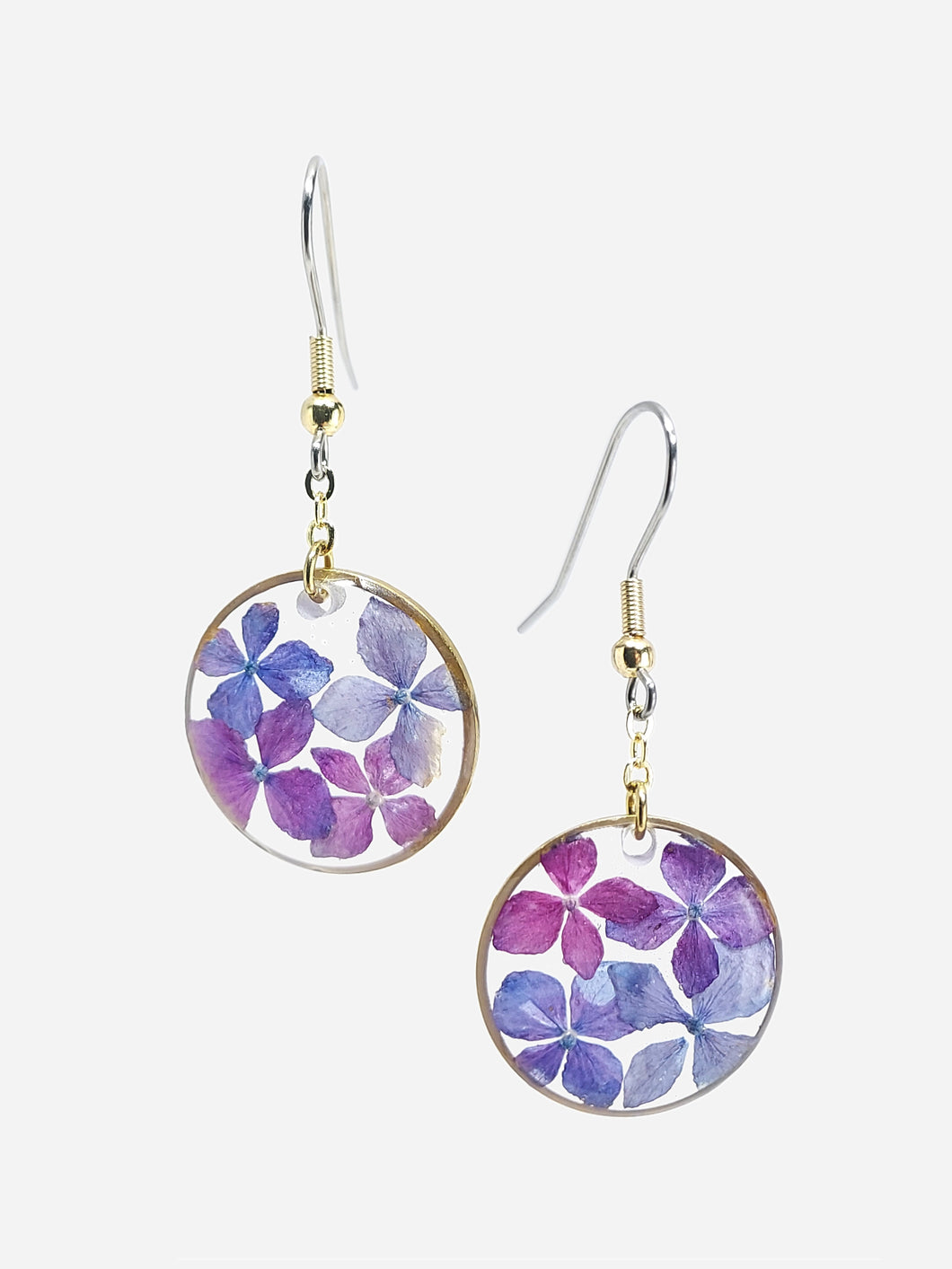 Pink & Purple Hydrangea Brass Round Earrings