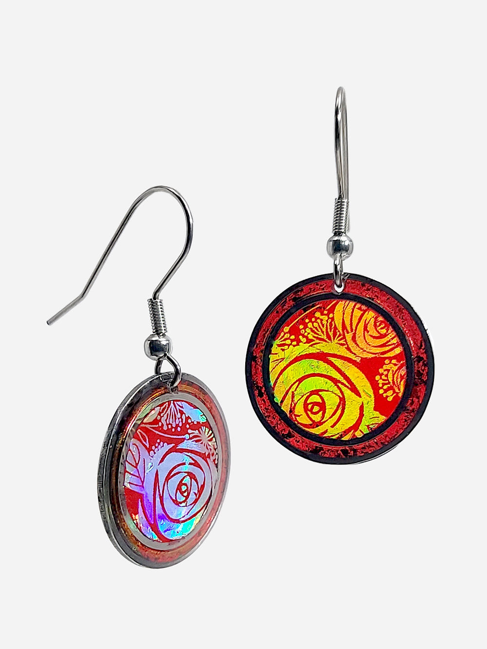 Red Holo Rose Foil Round Earrings