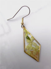 Load image into Gallery viewer, White Hydrangea Brass Kite Earrings
