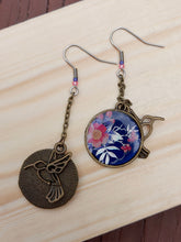 Load image into Gallery viewer, Round Mood Changing Tropical Flower &amp; Hummingbird Charm Earrings
