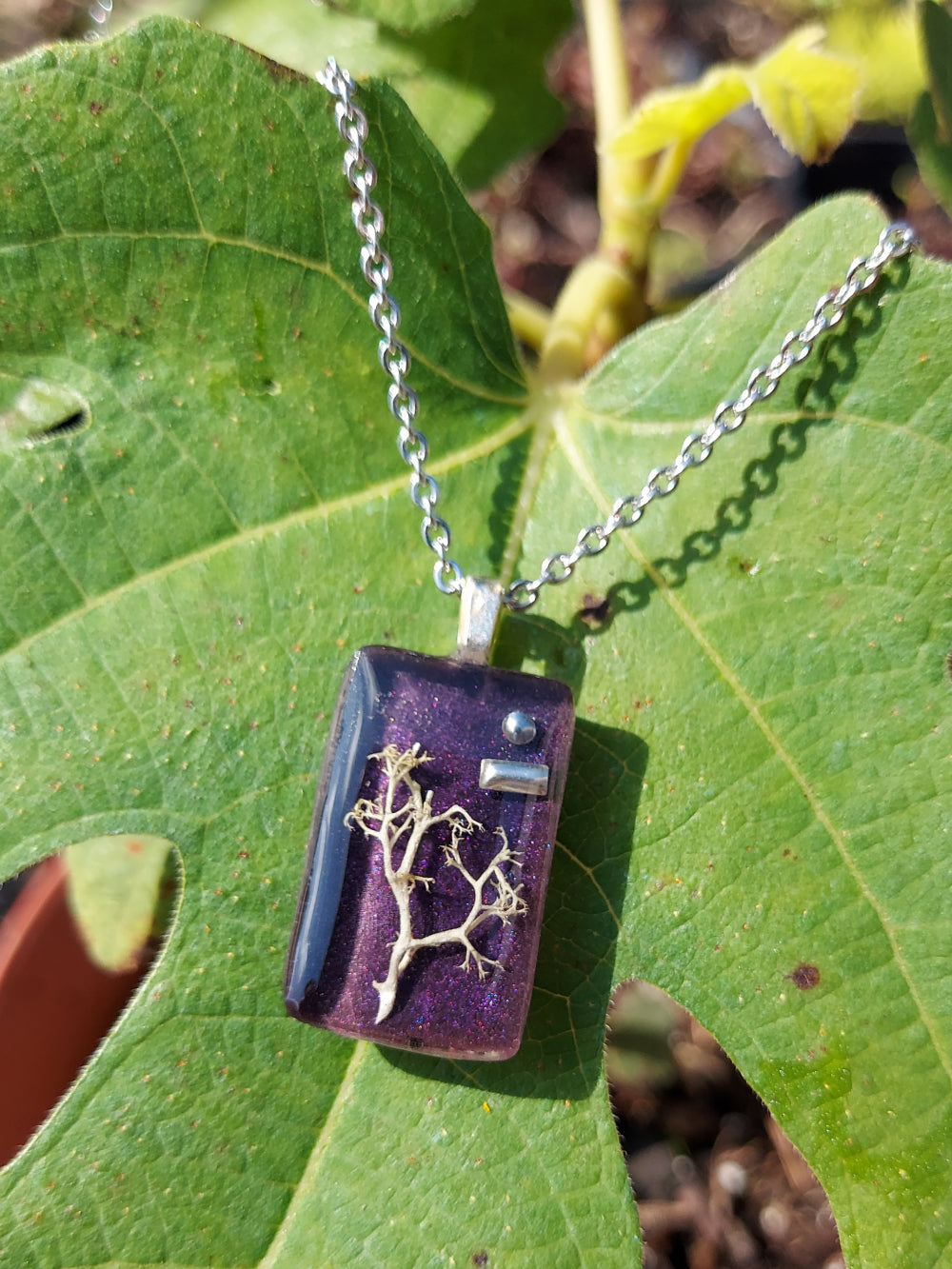 Purple Lichen Rectangle Pendant Necklace