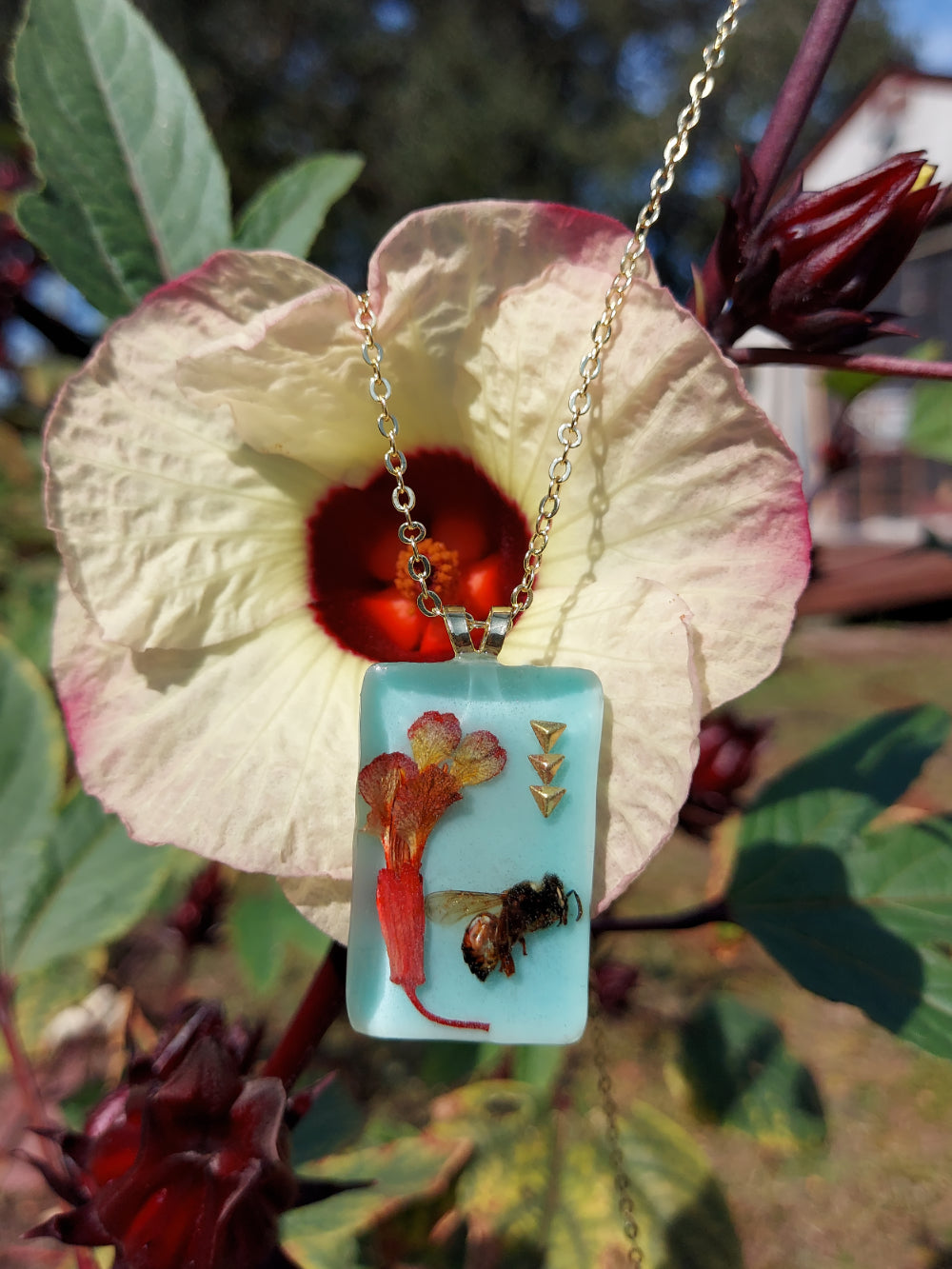 Teal Honeybee & Coppertip Rectangle Pendant Necklace